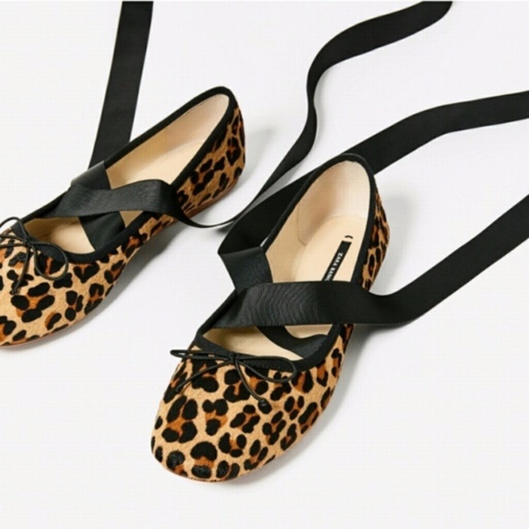 Zara Lace-up Leather Ballet flats leopard animal US 6 EU 36 NWT - Picture 2 of 5